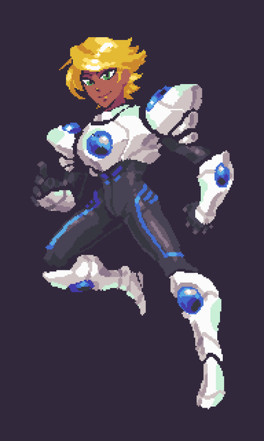 A thin, tan skinned woman with green eyes and short, blonde hair wearing a black latex suit with white mechanical parts on her torso, shoulders, arms and legs. The white parts have a clean futuristic aesthetic with a large, blue bulb in each part. The latex suit has some blue marks along the legs and on the abs.