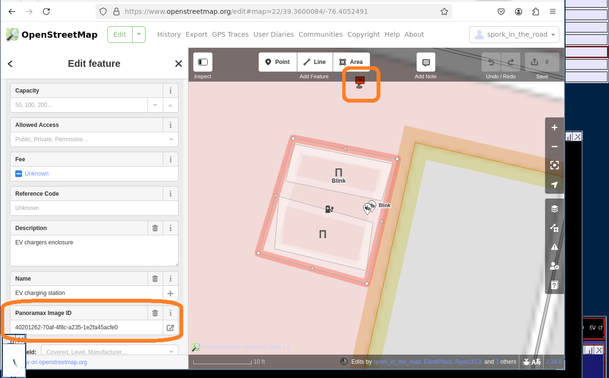 open street map parking lot schematic
rectangle
2 parking spaces
2 charging sockets
1 image with panoramax link higlighted