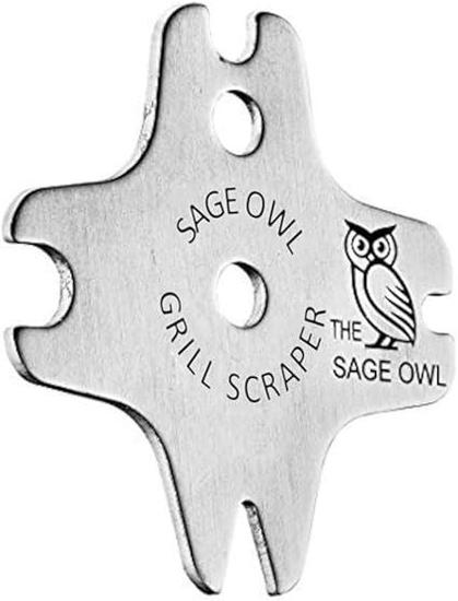A grill scraper made by The Sage Owl, that has 4 points with different-shaped notches for scraping different types and sizes of grills. It looks very much like a shuriken.