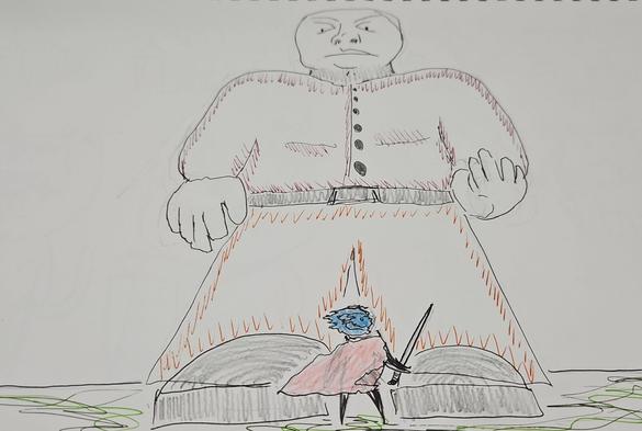 a sketch of a small figure in a red cape standing, sword drawn, before a giant.