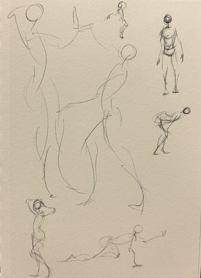 Seven quick sketch gesture drawings of various sizes. Made in pencil.
