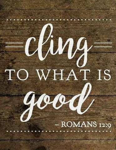 white text on a wood-grain background that says, "Cling to what is good" Romans 12:0