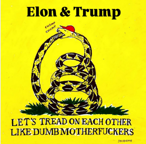 There have been many parodies of the Gadsden flag to parody its horrific misuse by Nazis. This is one of the best.

The title is "Elon & Trump." It shows a coiled rattlesnake eating its own tail, while wearing a red hat. At the bottom it says "LET'S TREAD ON EACH OTHER LIKE DUMB MOTHERFUCKERS"
