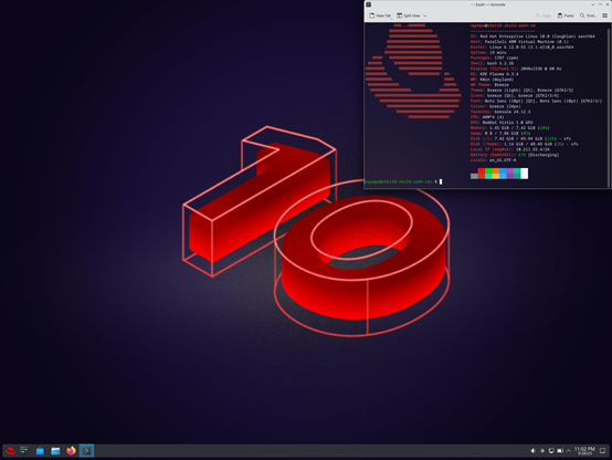 Desktop screenshot of Red Hat Enterprise Linux 10 running KDE Plasma Desktop 6.3 with the dark neon "10" background. Konsole is running in the top right with "fastfetch" output confirming it is RHEL 10.
