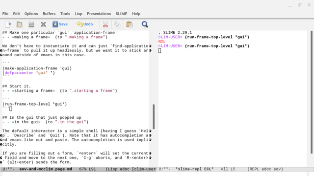 Screenshot of emacs where I have just pressed F8, eepitching (run-frame-top-level *gui*) to the external lisp image via slime. The left pane of emacs is the blog article on connecting emacs to an external clim lisp image.
