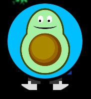 A cartoon-style avocado character with a light green body, brown pit, smiling face, and white eyes is centered inside a bright blue circle. The character has simple gray and white arrow-shaped feet and is set against a black background.
