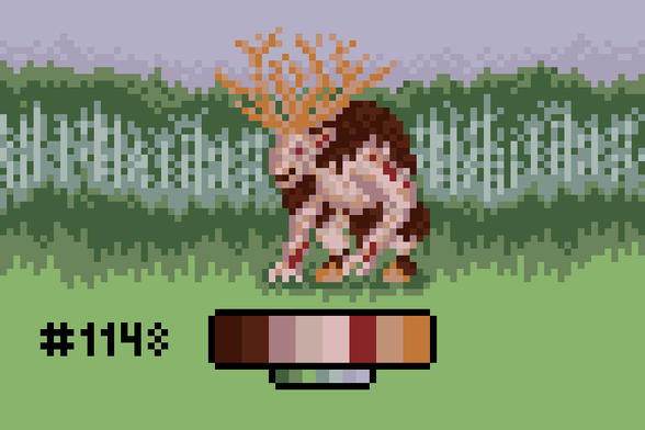 Pixel art of a Fiend from the Witcher 3: a giant lumbering bipedal creature covered in patchy dark fur, bent over to rake the ground with clawed arms. A crown of thorns tops the fiendish beast's head, and it stands in front of a forest's edge.