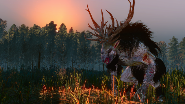 A screenshot from The Witcher 3, showing one of the game's massive Fiends against a forest edge at sunrise.