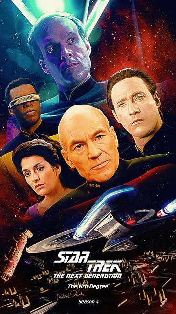 A poster for Star Trek The Next Generation episode The Nth Degree, featuring Lt Barclay under some blue light, and faces of members of the crew above the Enterprise travelling towards a tech looking landscape.