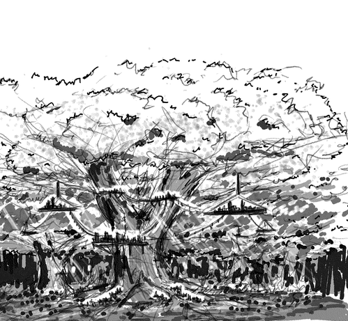 a series of cities built around the roots of trees, on platforms extending out from around the trunks, and from platforms hanging from the branches, connected by wires that facilitate transport