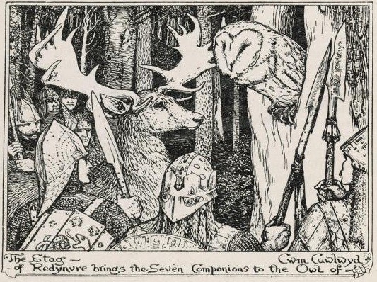 The Stag of Redynfre takes King Arthur's warriors to meet the Owl of Cwm Cowlyd. An illustration for "Culhwch and Olwen" by Henry Justice Ford.