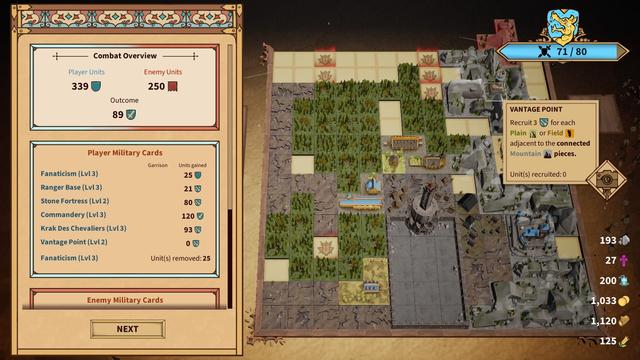 "Combat Overview" of the final round of play.  339 players units vs. 250 enemy units.  My units came from:

Fanaticism 25 (lets me convert some of the opponent's soldiers)
Ranger Base 21 (contiguous forest)
Stone Fortress 80 (mountains in the same row or column)
Commandery 120 (faith)
Krak Des Chavaliers 93 (smallest contiguous adjacent region, mountains in this case)
Vantage Point: a big fat zero