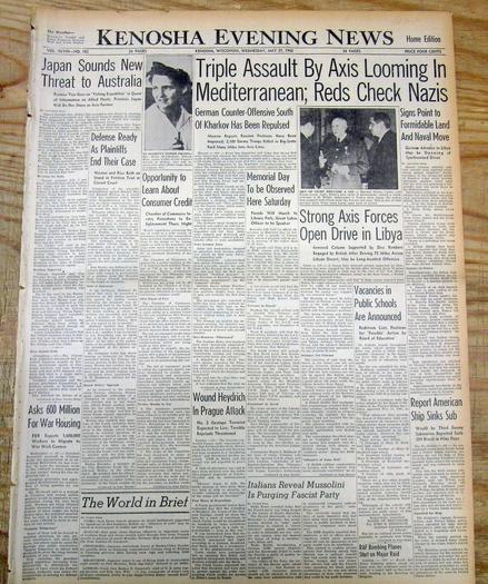 Front page of Kenosha Evening News, 27 May 1943, with many war stories and notice of the assassination