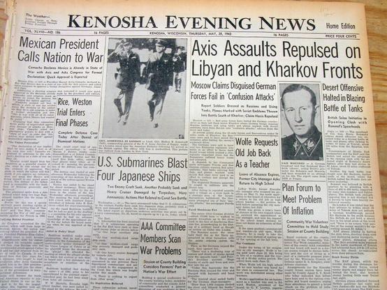 top half of the front page of the Kenosha Evening News, 28 May

a headshot of Heydrich in black SS uniform, caption indicating that the Germans have announced the assassination attempt
