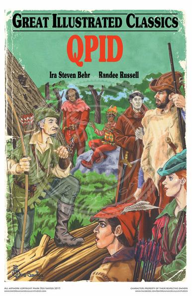 An illustrated poster for the Star Trek The Next Generation episode QPid, featuring the crew of the Enterprise dressed in costumes of medeival woodland bandits in a forest.