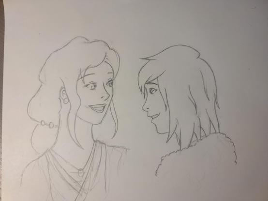A sketch of Korra and Asami from The Legend of Korra, facing each other.