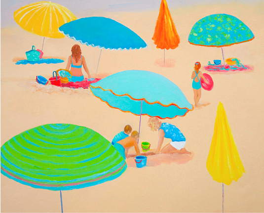 This vibrant beach painting captures the essence of a tropical beach, with people enjoying relaxing beneath colorful beach umbrellas. A mother is building sandcastles with her two sons and a young girl is walking towards the ocean with her red swim ring.