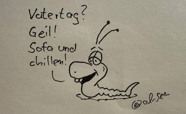 Erdwin der Comicwurm schaut entspannt und meint „Vatertag? Geil! Sofa und chillen!“