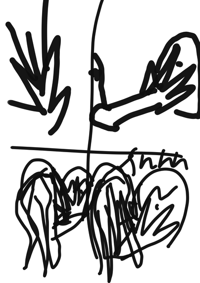 4 panel comic simply drawn crudely. First panel a poorly drawn hand at viewer second is hand and arm against a face their is Inaries long hair horns and from the back pushing hand on face. Fourth has Inaries with hand on the other face leaning forward saying "Shhhh!"