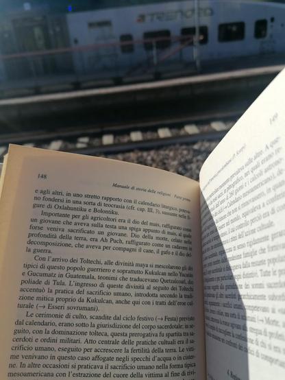 Manuale di Storia delle religioni e, sullo sfondo, il treno che ci ha lasciati a terra.