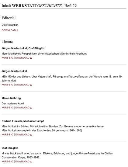 Inhaltsverzeichnis (Auszug) von WerkstattGeschichte 29/2001: THEMA Jürgen Martschukat, Olaf Stieglitz: Mannigfaltigkeit: Perspektiven einer historischen Männlichkeitsforschung  |  Jürgen Martschukat: »Ein Mörder aus Liebe«. Über Vaterschaft, Fürsorge und Verzweiflung an der Wende vom 18. zum 19. Jahrhundert  |  Maren Möhring: Der moderne Apoll  |  Norbert Finzsch, Michaela Hampf: Männlichkeit im Süden, Männlichkeit im Norden. Zur Genese moderner amerikanischer Männlichkeitskonzepte in der Epoche des Bürgerkriegs (1861–1865)  |  Olaf Stieglitz: »I was black and I acted as such«. Diskurs, Erfahrung und junge African-Americans im Civilian Conservation Corps, 1933–1942