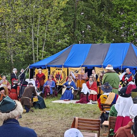 People in medieval clothing and crowns are sitting on thrones in front of a black and blue sunroof. There are banners behind them, and we also see some other people on chairs and benches.