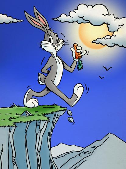 Anthropomorphic rabbit holding a half eaten carrot in it’s right hand walking over a cliff edge.