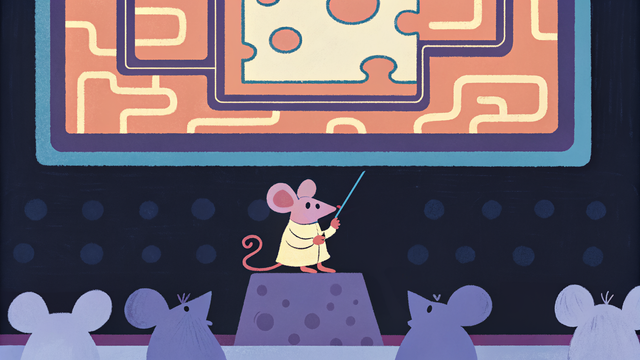 Cartoon-like clip art of a mouse lecturer standing on a cheese stage in front of an audience of mice pointing at a slideshow of cheese in a maze. It illustrates a post about apply to be a presenter at the 2025 Roguelike Celebration virtually on Oct 25th or 26th.