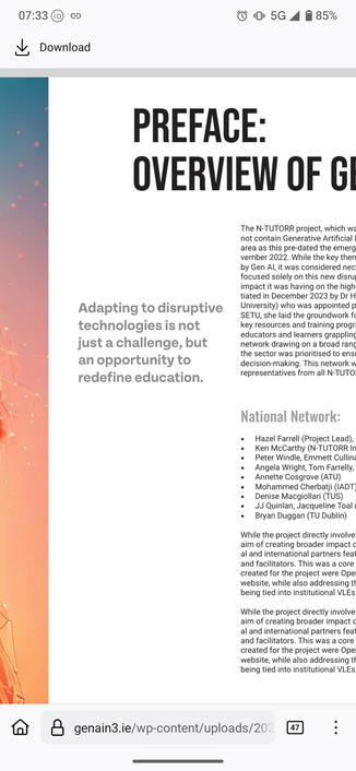 A screenshot of an accelerationist quote in a publication about AI: Adapting to disruptive technologies is not just a challenge, but an opportunity to redefine education.