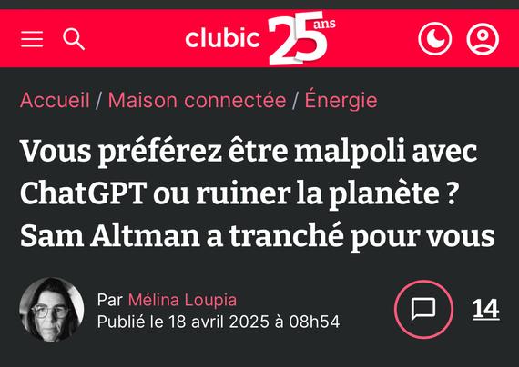clubic
« Vous préférez être malpoli avec ChatGPT ou ruiner la planète ? Sam Altman a tranché pour vous

Par Mélina Loupia
Publié le 18 avril 2025 à 08h54 »