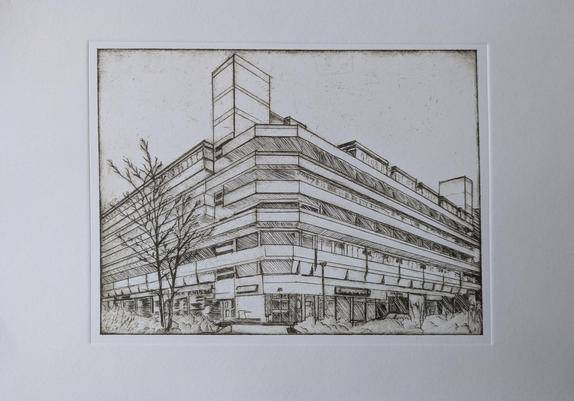A sepia intaglio image of an imposing brutalist building
