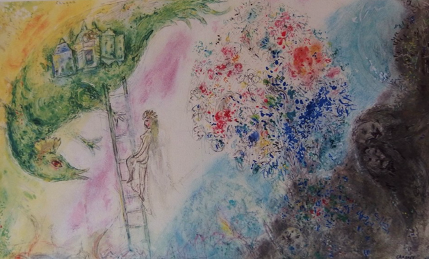 Schilderij: The Ascension of the Bouquet (1911)  In The Ascension of the Bouquet (1911) toont Chagall een boeket bloemen dat opstijgt, mogelijk symboliserend hoe liefde en herinnering transcenderen. De lithografie is gebaseerd op een gouache en straalt een gevoel van verheffing en spiritualiteit uit.