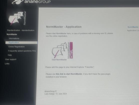 A screenshot of a web application interface for "NormMaster" by ArianeGroup. The left sidebar includes sections for standardization, application, online registration, FAQs, help, user support, and links. The main area displays instructions for starting the Norm