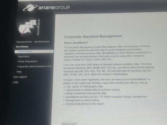 The image displays a webpage titled "NormMaster" from the ArianeGroup. It provides information about the Document Management System, outlining its features, such as accessing current standards and regulations, searching capabilities, and user support. The sidebar includes links to application
