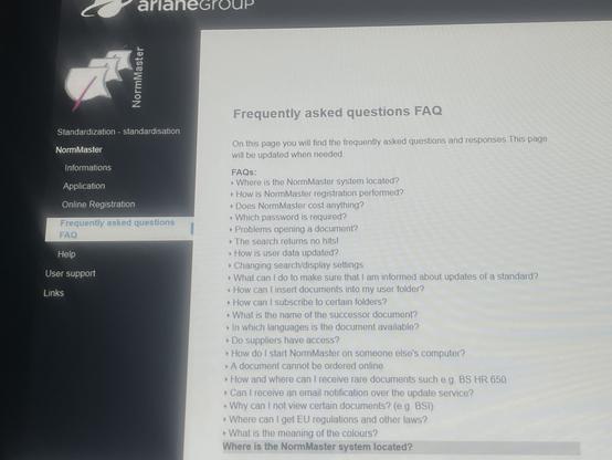 The image displays a webpage titled "Frequently asked questions FAQ" for the NormMaster system, part of the arianeGroup. It includes a sidebar with navigation options such as "Standardization," "Informations," "Application," "Online Registration," and "