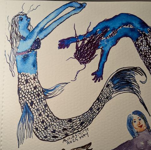 A mermaid, curving to fit the page space she's sharing with the other mermaid, raises her arms ahead of her. She has flowy fins and is drawn in a dark blue, which has been diluted for her torso as a wash.