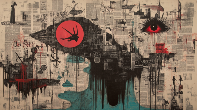 L’œil rouge de l’absurde.
Collage typographique dadaïste avec journaux, taches d’encre, formes abstraites et un œil rouge intense au centre du chaos.
Dadaist typographic collage with newspapers, ink splashes, abstract forms, and an intense red eye at the center of chaos.