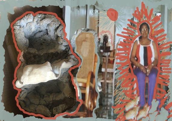 Image: Alice Rekab, Isatu an Ee cat , 2021, Digital print, drawing on photography, IMMA Collection, Purchase, 2021. | photo of a strange amorphous thing on the left, looking somewhat like a burial chamber, but with something wrapped in white-ish cloth across the middle, and the shape is surrounded by a fairly thick Indian-red border; to its right is a partial shot of a wooden rocking chair, outlined by what seems to be a crop from another photo; on the right is a sittingn figure in glasses, a sleeveless white top, and purple jeans or similar; there are ginger-cat shapes at the figure’s feet, and there an Indian-red glow – created using straight lines at various often wonky angles; and more • “IMMA Collection: Art as Agency is a major three-1year display celebrating IMMA’s Permanent Collection as a source of agency and knowledge. Featuring over 100 artists, from the 1960s to the present, it highlights key works, including many recent acquisitions.  This ambitious exhibition invites…”