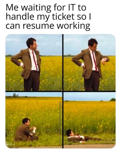 Four panels of Mr. Beam waiting.

Caption: Me waiting for IT to handle my ticket so I can resume working