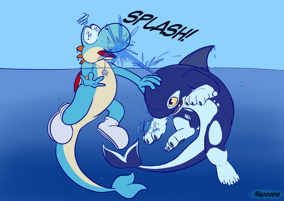 GMH's Yoshi-Vaporeon hybrid character (Mystery) playing in the water with Orcane from Rivals of Aether