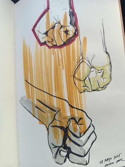 Dibujo de tres puños cerrados vistos desde la zona de los dedos realizados a tinta y con un poco de color de rotulador de base de alcohol.