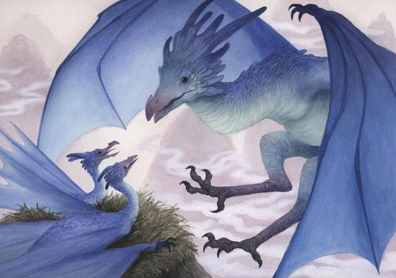 watercolour painting. A blue dragon prepares to land at its nest in a high mountaintop. Two dragonlings are waiting to be fed in the nest and look back at the parent dragon.
