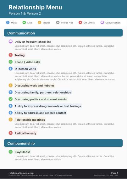 A PDF titled “Relationship Menu” for Person 1 & Person 2, showing preferences around communication and companionship. Each item is marked with a color-coded label: Must (blue exclamation), Like (green check), Maybe (orange question), Prefer Not (gray), Off Limits (red X), and Conversation (purple icon). Under “Communication,” examples include: “Daily or frequent check-ins” (Conversation), “Texting” (Off Limits), “Phone/video calls” (Like), “In-person visits” (Must), and others like “Radical honesty” (Off Limits) and “Discussing politics” (Like). Under “Companionship,” only “Playfulness” is listed as Like. The footer shows the site (relationshipmenu.org) and last updated date: 28 May 2025.