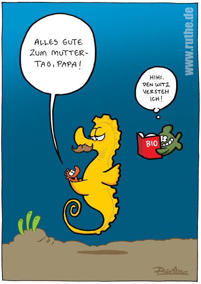 Im Meer. Ein kleines Seepferdchen schaut aus dem Beutel eines großen Seepferdchens, dass einen Schnäuzer trägt. Kleines Seepferdchen zum großen: "Alles Gute zum Muttertag, Papa!". Neben den beiden schwimmt ein Fisch, schaut in ein Biologie-Buch und denkt grinsend "Hihi, den Witz versteh ich!"