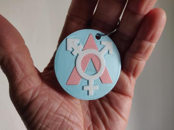 A photo of a hand holding a round keyring. A light blue disc, about 50 mm across, with a white trans symbol on it. Underneath the trans symbol is a stylised, pink A.