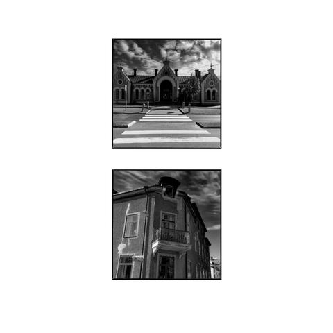 Ditypch of two square monochrome photos of buildings with Hasselblad frames