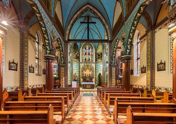 Interior of the St Paul of the Cross Cathedral, Ruse, northeastern Bulgaria. The temple, dedicated to the founder of the Passionists, was built in 1890 and is an example of Gothic Revival architecture in the country.