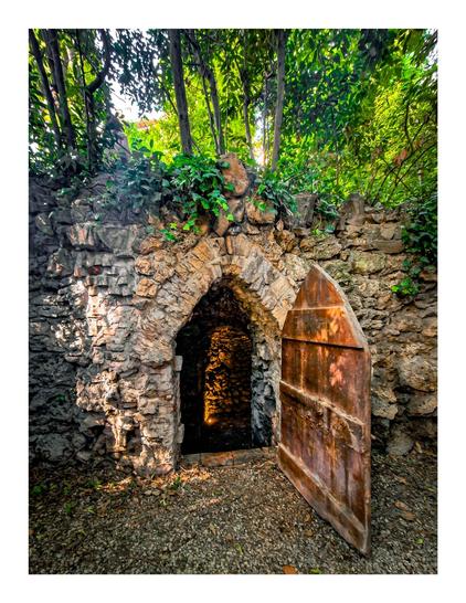 The photo is of a rustic stone archway with a small wooden door. It is partially overgrown with ivy, leading to a dark underground passage. The small wooden door is weathered and open showing dimly lit interior. Behind the stone archway in the background are lush green trees.