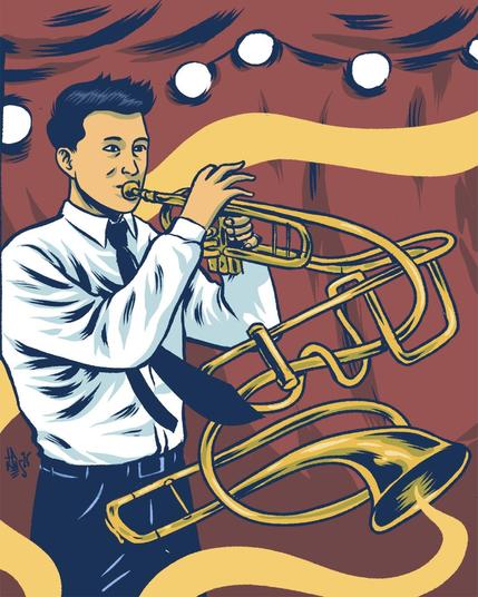 Drawing of a young, dark haired trumpet player wearing a white shirt, dark tie and dark trousers. The trumpet is deformed in a surreal way, with many additional parts, and the tubing taking many additional loops and turns.