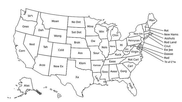 A black-and-white map of US states with each state name replaced by the name without some of its letters. I'm not going to type them all, but notably:
Washington = Shit
Montana = Moan
Utah = Tah
Arizona = Arzo
Texas = Xa
North Carolina = Not Carl
Ohio = Hi
New York = New Ork

... now that I think about it, "Ew, Ork!" was right there. Still, a pretty great terrible map.